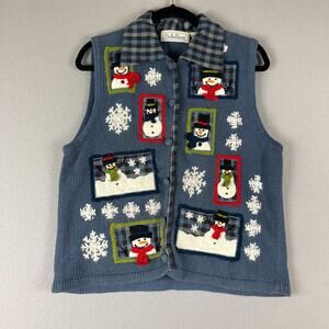 Vintage Belle Pointe Snowman Embroidered‎ Vest Womens Medium Blue Knit Christmas